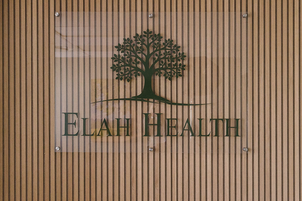 The Elah Health sign on the practice wall